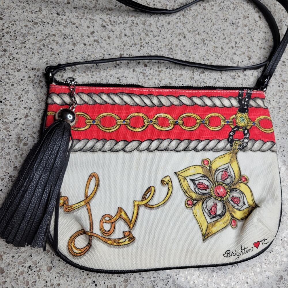 Brighton Love Glitter & Go Jewel Chain Printed Tassel Canvas Crossbody Purse Bag